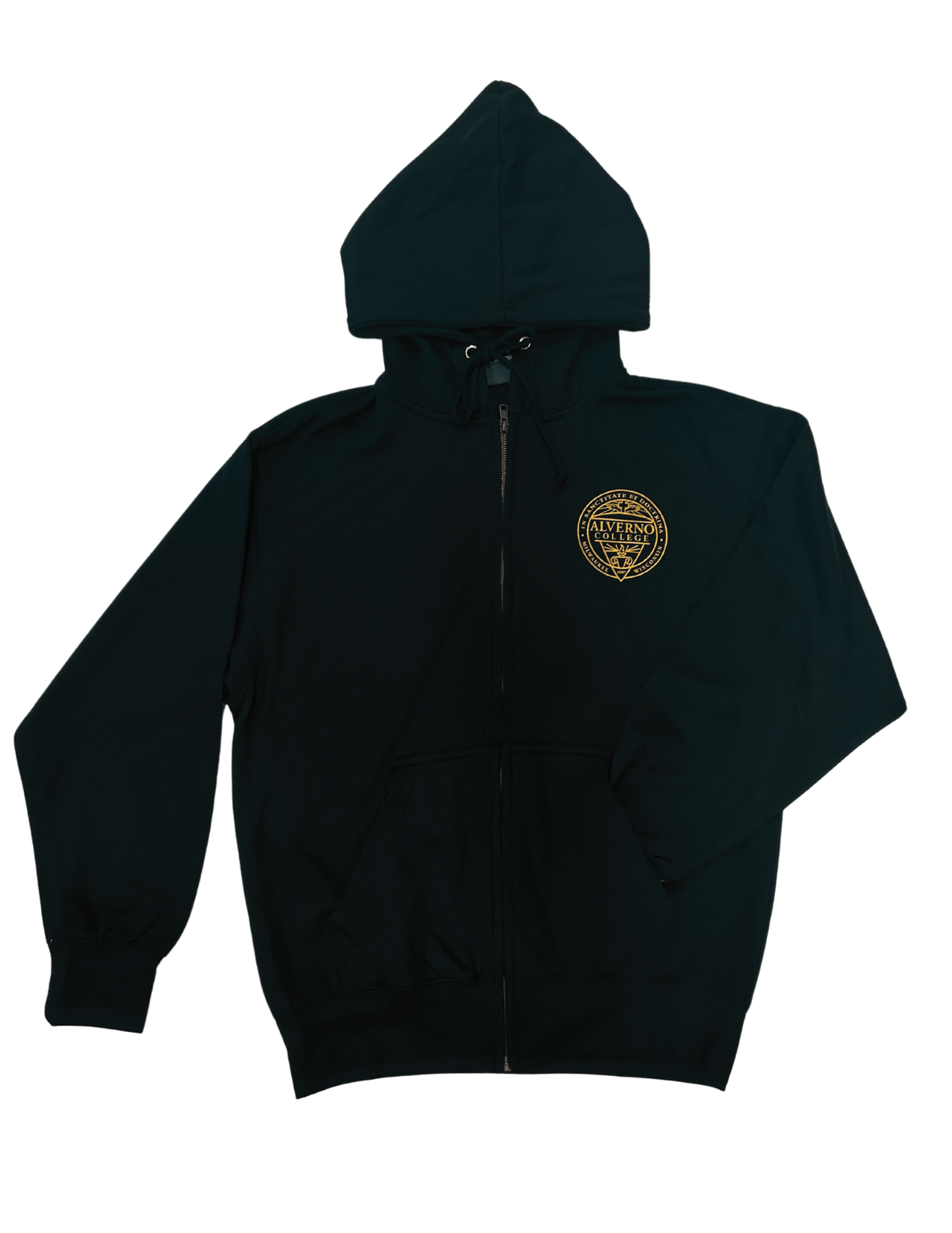Alverno College Zip Up Black and Gold Seal